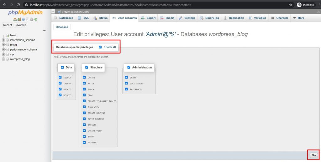 Choose Database Privileges for the User in phpMyAdmin - Himanshu Aum