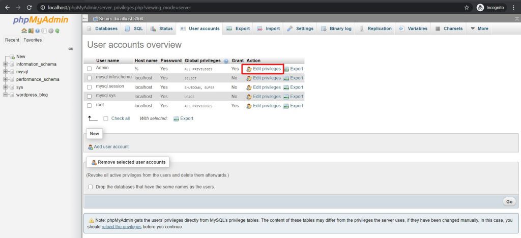 Edit User Privileges on phyMyAdmin - Himanshu Aum