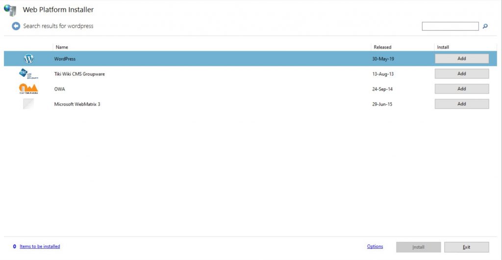 WordPress in Windows Platform Installer.